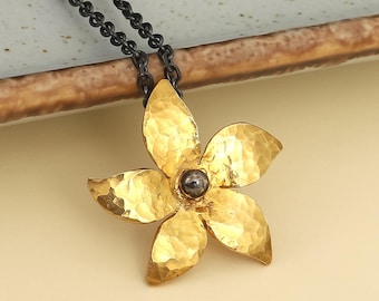 Hammered Gold Plated Sterling Silver Flower Pendant Necklace – Handmade Botanical Jewelry