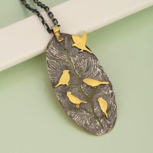 Two-Tone Sterling Silver Birds on Branch Necklace · Unique Statement Necklace · Nature Inspired
