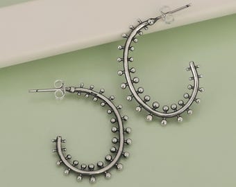 Statement Sterling Silver Boho Dotted Open Hoop Earrings · C-Shaped Half Hoop Dangles