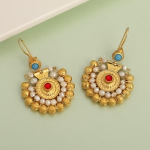 Gold Plated Sterling Silver Turkish Statement Earrings · Sivrihisar Pearl Earrings · Unique Cultural Jewelry · Gift for Her · Christmas Gift