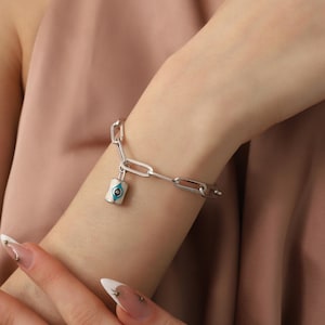 Silver Chain Link Bracelet, Evil Eye Bracelet, Everyday Chain Bracelet, Gift for Her
