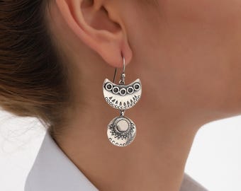 Sterling Silver Long Tribal Boho Dangle Earrings · Festival Statement Jewelry
