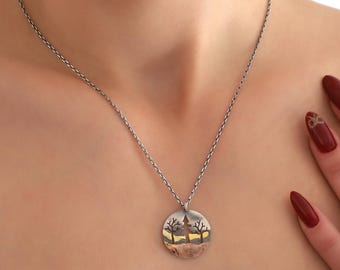 Sterling Silver Pine Tree Landscape Necklace — Rustic Nature Inspired Scenic Jewelry
