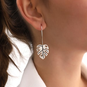 Sterling Silver Monstera Leaf Dangle Earrings · Botanical Nature Inspired Jewelry