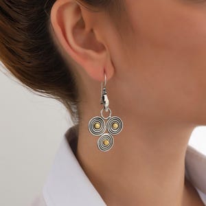 Sterling Silver Dangle Long Triskelion Statement Earrings – Irish Celtic Triple Spiral Boho Jewelry