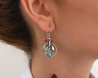 Boho Turquoise & Coral Sterling Silver Dangle Earrings · Oxidized Tribal Rustic Jewelry
