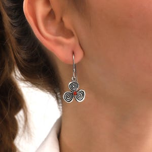 Sterling Silver Triskelion Dangle Earrings with Coral — Celtic Irish Triple Spiral Jewelry