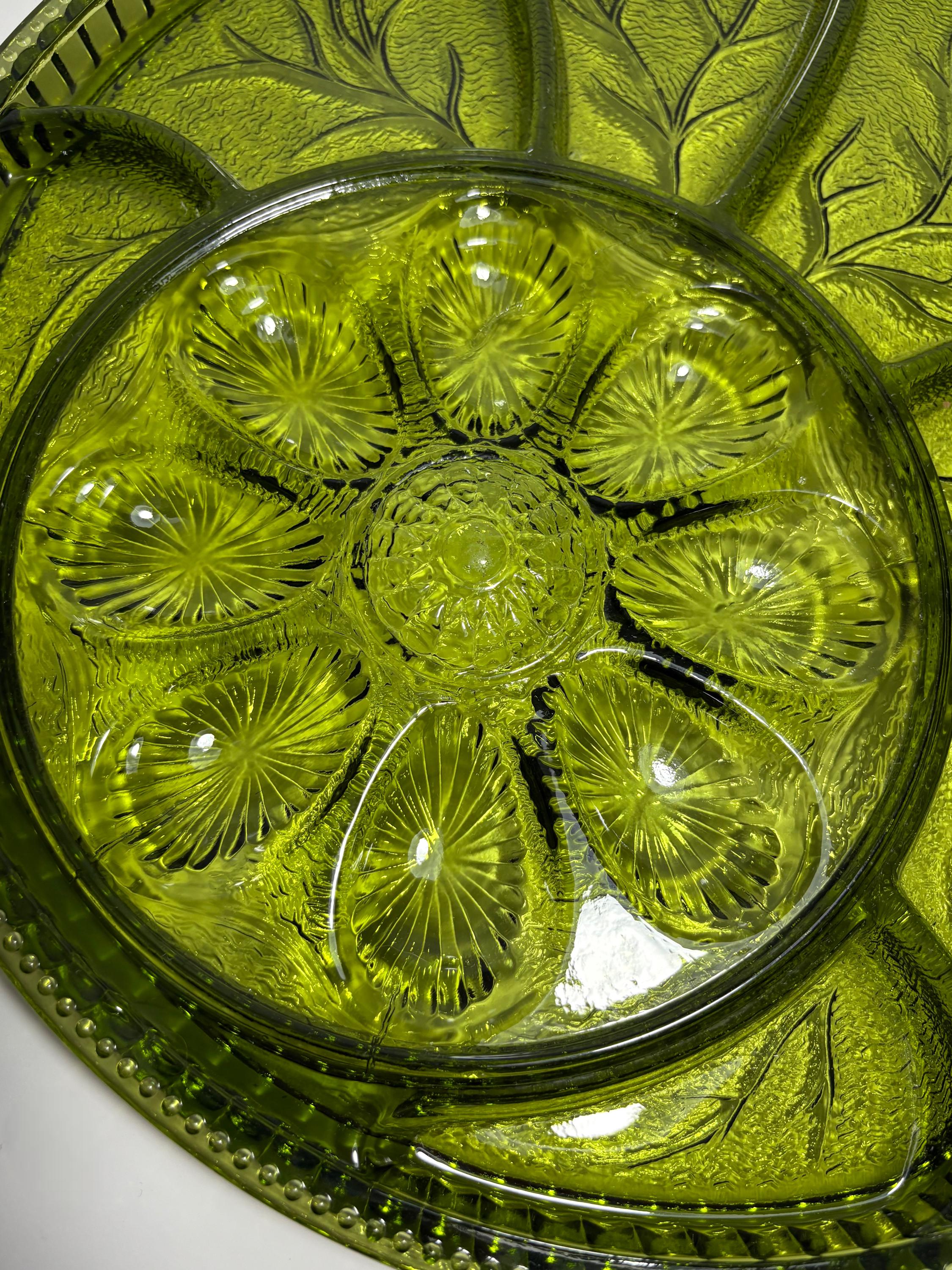 Vintage Indiana Glass Avocado Green Devilled Egg Tray and Divided