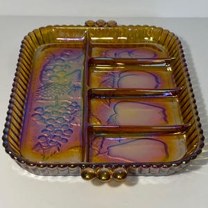 Vintage Indiana Glass Company Carnival Glass Divided Serving Tray - Fruit Design Amber Carnival Glass 5 Section Platter