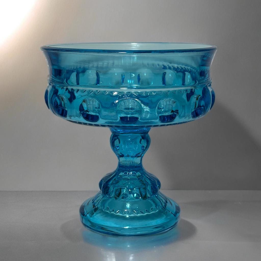 Vintage Indiana Glass Blue King's Crown Thumbprint Pedestal Compote Candy Dish - Manganese Glass