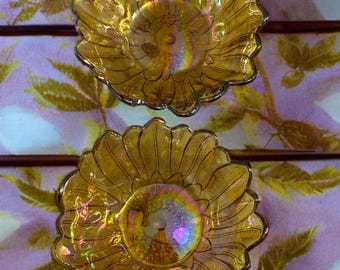 Vintage Indiana Glass Amber Carnival Glass Daisy Bowls - Set of 2 Marigold Carnival Glass Flower Bowls
