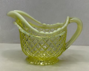 Antique Victorian Davidson "Primrose Pearline Quilted Pillow Sham" Vaseline Glass Creamer - Uranium