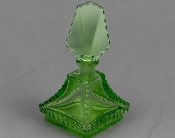 Vintage Uranium Czech Glass Perfume Bottle with Stopper - Green Depression Glass
