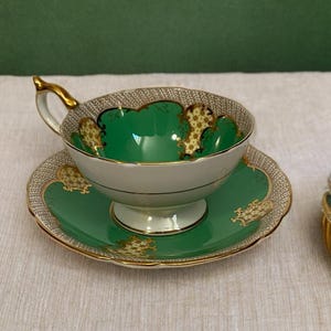 Vintage Aynsley Tea Cup and Saucer - Green and Beige and Gold Pattern - England Bone China
