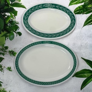 Vintage Pyrex Teal Green Laurel Leaf Oval Serving Trays - Set of 2 - Pyrex Tableware Corning Large Platter and Plate