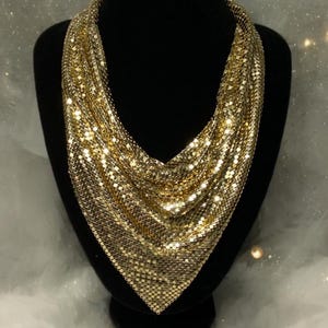 Vintage Whiting and Davis Gold Tone Mesh Bib Necklace - 1970s Gold Bandana Bib Necklace - Estate Jewelry