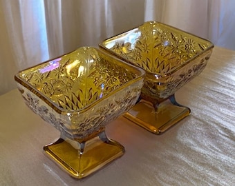 Vintage Amber Carnival Glass Diamond Shape Candy Dishes - Indiana Glass Co. - Set of 2