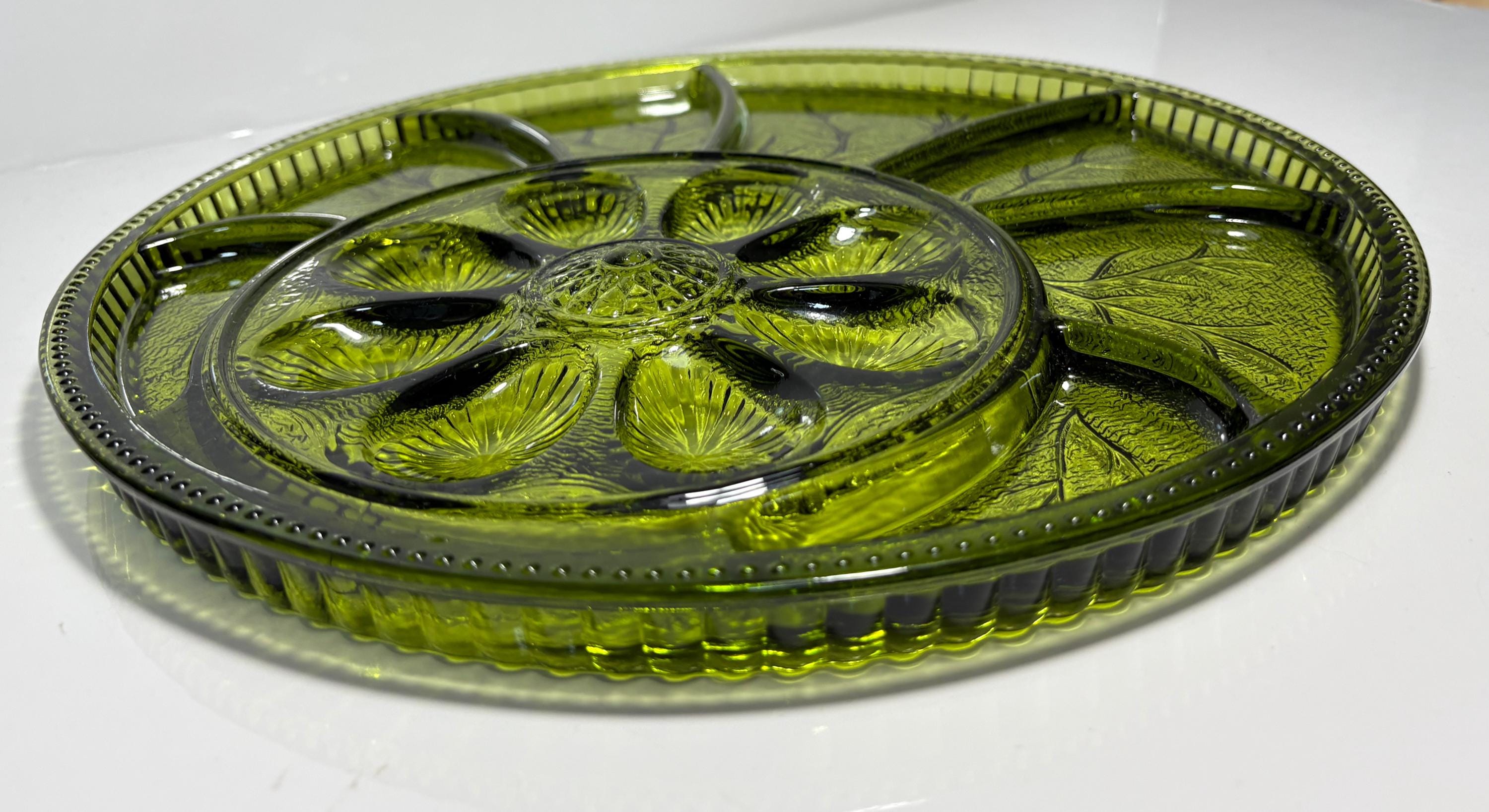 Vintage Indiana Glass Avocado Green Devilled Egg Tray and Divided