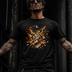 Exploding Grenade Skull Shirt, Gothic Streetwear Tee, Heavy Metal Graphic, Punk Biker Clothing, Alternative Fashion Gift