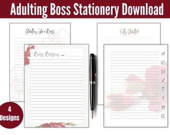 Letter Writing Set: Adulting, Busy Bossing, Adulting Like a Boss, Fully Adulted Stationery and Planner Inserts with Gladiolus Design