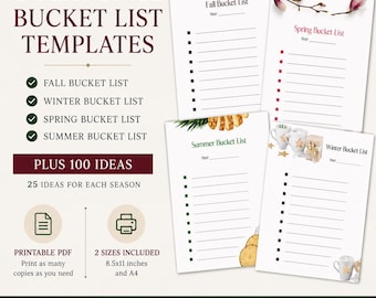 Seasonal Bucket List Printable Templates with 100 Ideas for Fall, Winter, Spring & Summer | Instant Download
