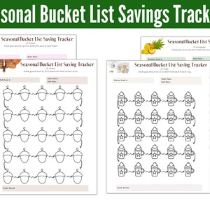Bucket List Savings Trackers by Season, Fun Coloring Savings Planner Pages, Staycation and Vacation Savings Printables