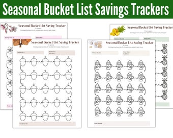 Bucket List Savings Trackers by Season, Fun Coloring Savings Planner Pages, Staycation and Vacation Savings Printables