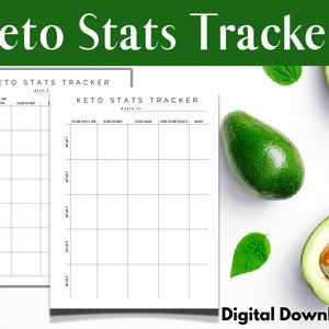 Könnte beinhalten: Zwei druckbare Keto-Statistik-Tracker-Blätter mit einem wöchentlichen Layout. Die Blätter sind schwarzweiß und haben Spalten für Testdatum und -uhrzeit, Blutketone, Blutzucker, Urin-Ketonergebnisse und Gewicht. Die Blätter sind von Avocados und Avocado-Blättern auf weißem Hintergrund umgeben.