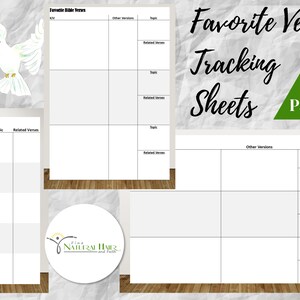 May include: Printable worksheet set for tracking favourite Bible verses.  The set includes 15 pages with space to write the verse, version, topic, and related verses.  The pages are decorated with a white dove illustration.