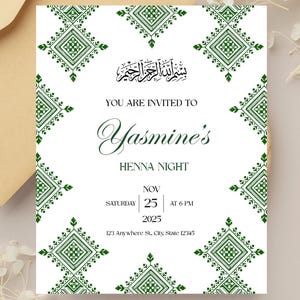 Moroccan Traditional Wedding Henna Invitation Green Editable Invite Template, Tarz Fessi, Rhenni, Rbati, Laylat Henna, Carte Henna Marocain