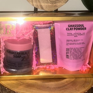 Moroccan Hammam exfoliating Bath Gift Set Moroccan soap kessa glove Ghassoul clay powder ( PINK Set )
