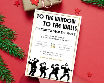 Puede incluir: Una invitación a una fiesta de Navidad blanca con bordes dorados. El texto dice "To the Window To the Walls It's time to deck the halls You are invited to our Christmas party! Saturday Dec. 16 8-10 PM At 123 anywhere street, any city, st 12345 RSVP to 123-456-7890". La parte inferior de la invitación presenta cinco siluetas negras de Papá Noel bailando.