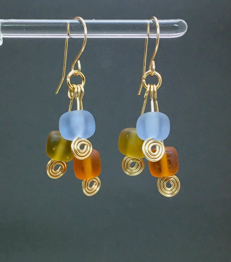 Geometric Spirals Sea Glass Cube Dangles By Paulbead Lampwork Beach Glass Earrings Christmas Gifts For Women Mothers Etsy Presents Sale