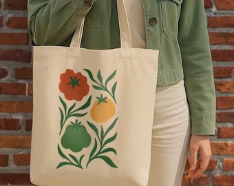 Borsa tote biologica con pomodori cimelio / Borsa ecologica per il mercato, borsa riutilizzabile per la spesa, design ispirato al giardino, borsa regalo in cotone per il mercato agricolo