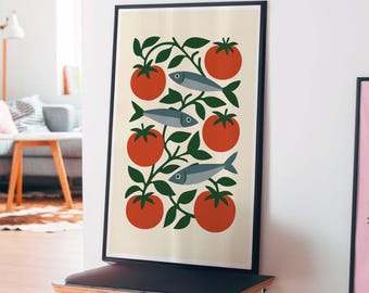 Retro Tomato Sardines Wall Art | Mid-Century Modern Kitchen Decor | Vintage Food Poster | Instant Digital Download