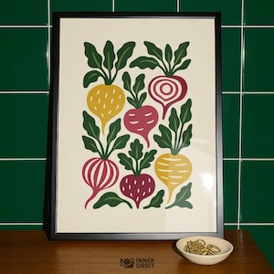 Frühlings Rote Beete Kunstdruck | Mid-Century Modern Gemüse Erbstück Rote Beete Digitaler Download Küche Esszimmer Dekor Wurzelgemüse Bauernmarkt