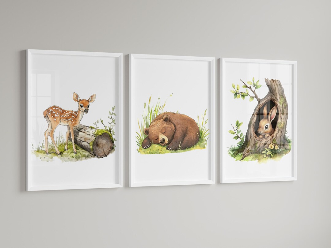 Woodland Nursery Prints – Bear Deer Bunny Digital Art Set | Gender ...