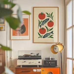 Foodie Art Tomato and Sardine Kitchen Print – Mediterranean Food Art, Minimalist Retro Wall Decor, Printable Digital Fish and Veggie Poster