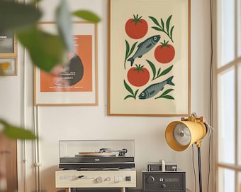 Foodie Art Tomato and Sardine Kitchen Print – Mediterranean Food Art, Minimalist Retro Wall Decor, Printable Digital Fish and Veggie Poster