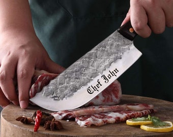 Forged CHEF Butcher KNIFE Personalized Name Custom Engraved Meat Cleaver Cooking Kitchen Gifts for Him Her Dad Cooking school Grad 7" Blade