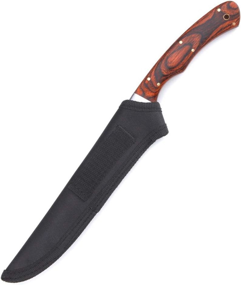 May include: A black leather sheath with a brown wooden handle knife with a silver blade.