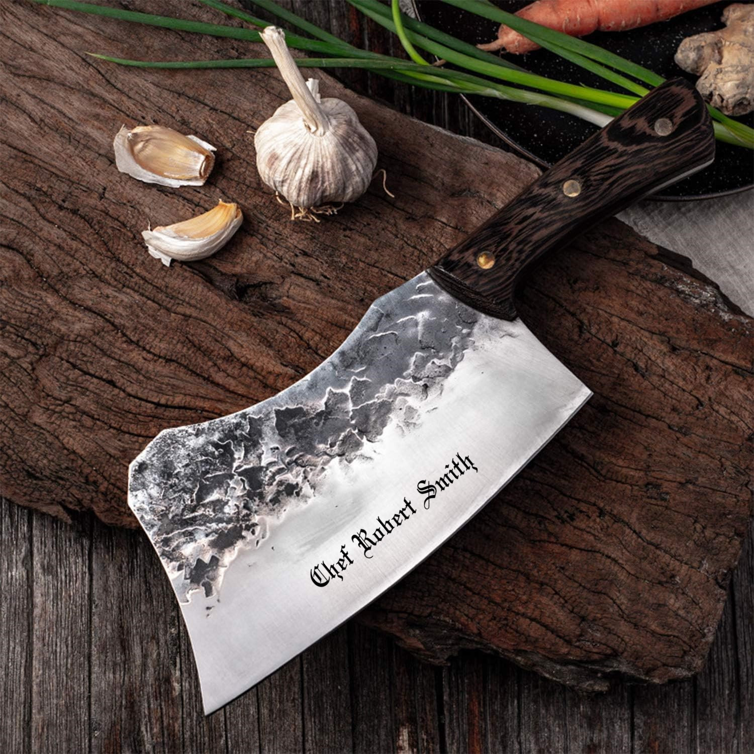 Heavy Duty Forged Chef Butcher Cleaver KNIFE Personalized Name Custom Engraved Meat Kitchen Gifts for Him Her Dad Cooking  Grad 7" Blade