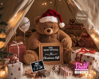 Christmas Pregnancy Announcement Digital, Baby Announcement Digital Social Media, Neutral Boho Santa Christmas Editable Template DIY