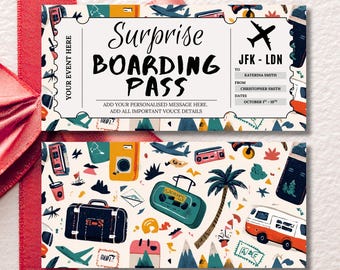 May include: Two-sided boarding pass with a travel theme. The top features the text "Surprise Boarding Pass" and "JFK-LDN". The bottom has illustrations of a suitcase, camera, and a retro boombox. The background is cream-colored.