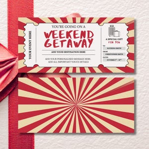 Weekend Getaway Gift Voucher, Editable Travel Gift Certificate, Printable Trip Away Coupon, Birthday Weekend Away Ticket, Red Retro Theme