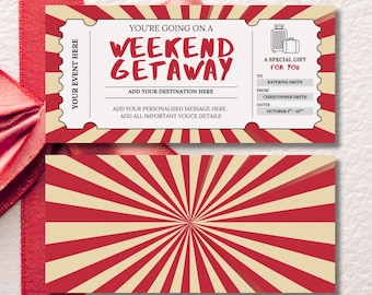 Weekend Getaway Gift Voucher, Editable Travel Gift Certificate, Printable Trip Away Coupon, Birthday Weekend Away Ticket, Red Retro Theme