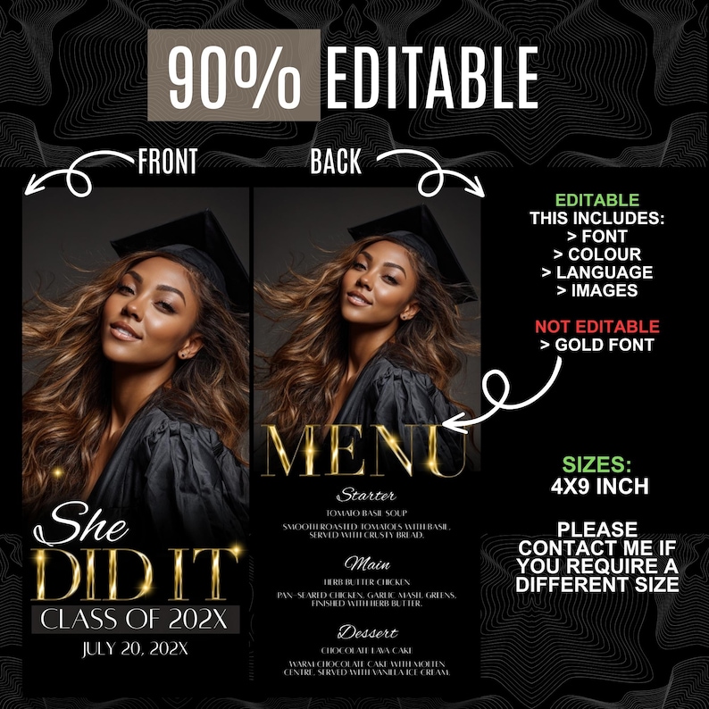 Menu Header For Graduation Gold Graduation Menu Template, Editable Printable Dinner Card, Grad ...