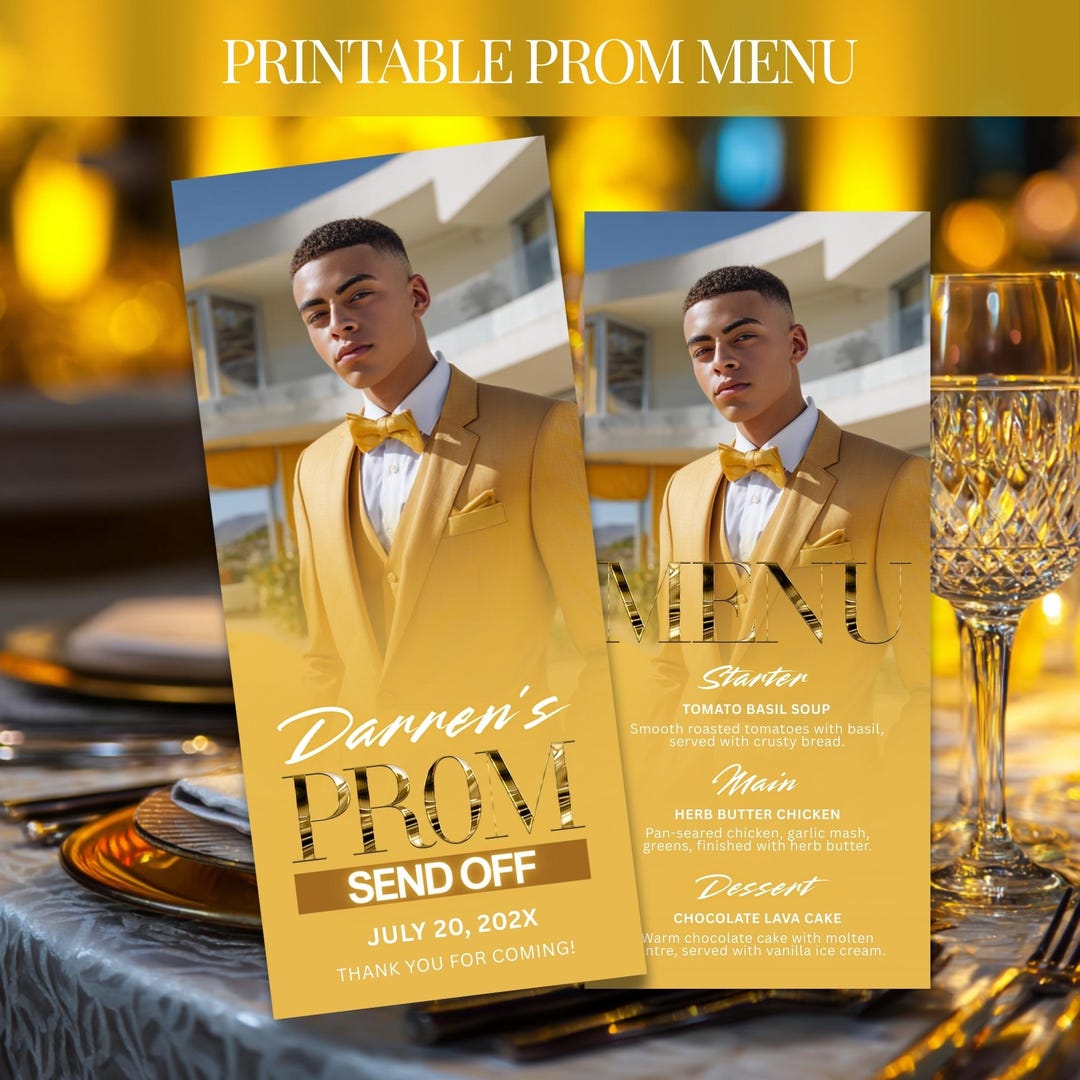 Prom Menu Italian Customizable Prom Menu, Yellow and Gold Canva Template, Dinner Table ...