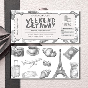 Weekend Getaway Gift Voucher, Editable Travel Gift Certificate, Printable Trip Away Coupon, Birthday Weekend Away Ticket, Sketch Theme