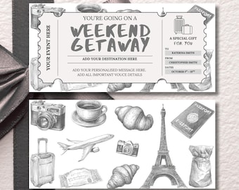 Weekend Getaway Gift Voucher, Editable Travel Gift Certificate, Printable Trip Away Coupon, Birthday Weekend Away Ticket, Sketch Theme